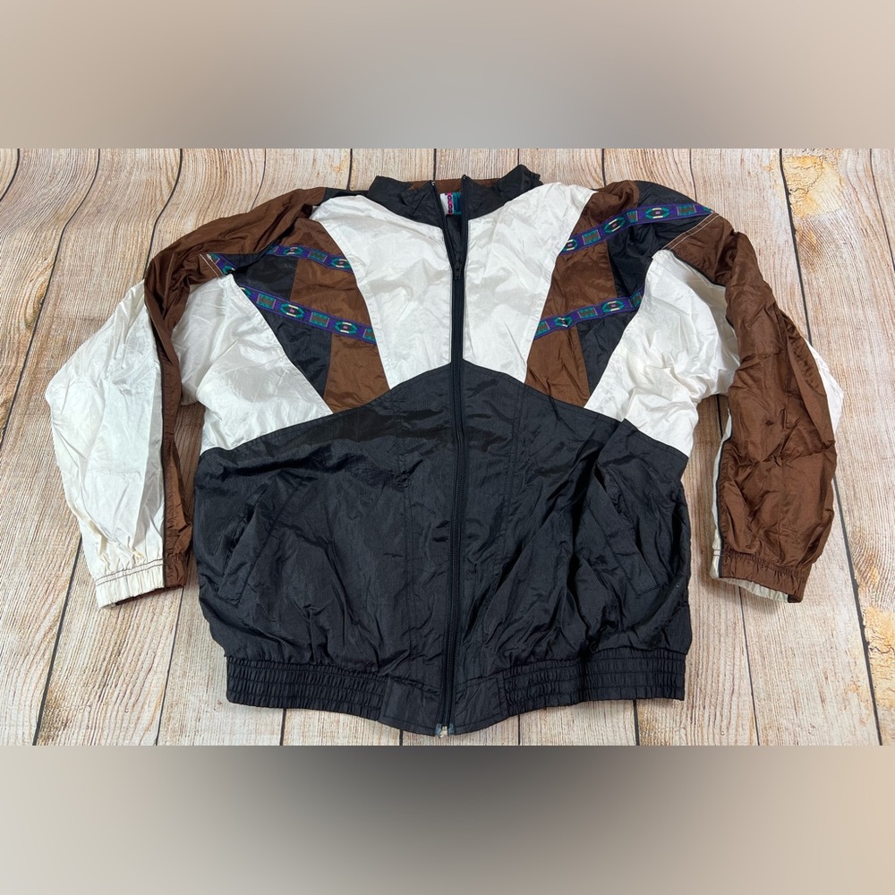 Vintage 90s Bolo Spirit Nylon Windbreaker Aztec Brown Black Jacket Size Large